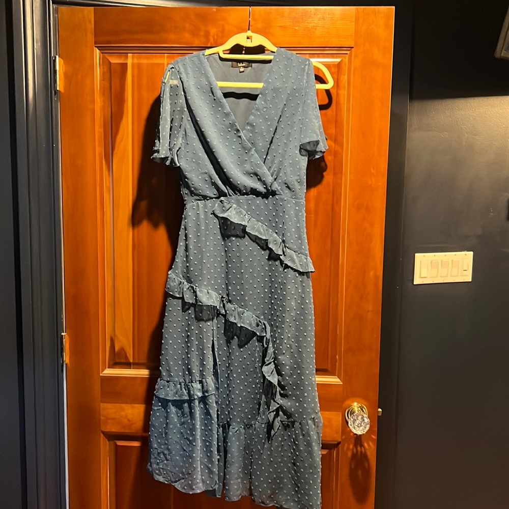 Lulus Next to You Slate Blue Swiss Dot Ruffled Midi Dress